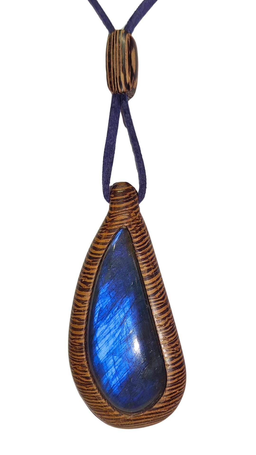 Drop Wenge Wood Labradorite Pendant, Blue Suede Cord Necklace, Artisan Jewelry
