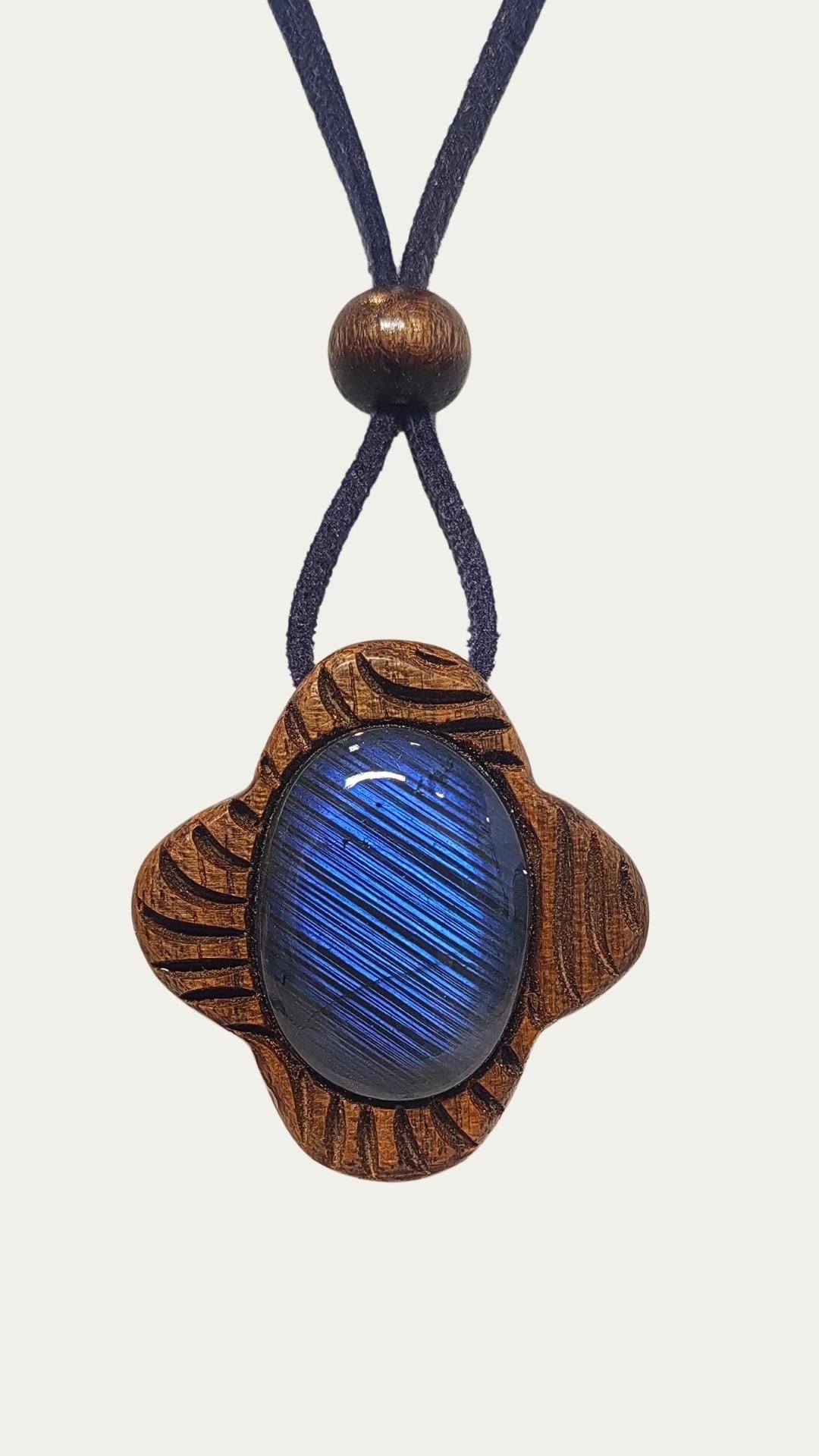 Hand-Carved Walnut & Labradorite Pendant, Wave Motif Wood Jewelry, Blue Flash Stone Necklace
