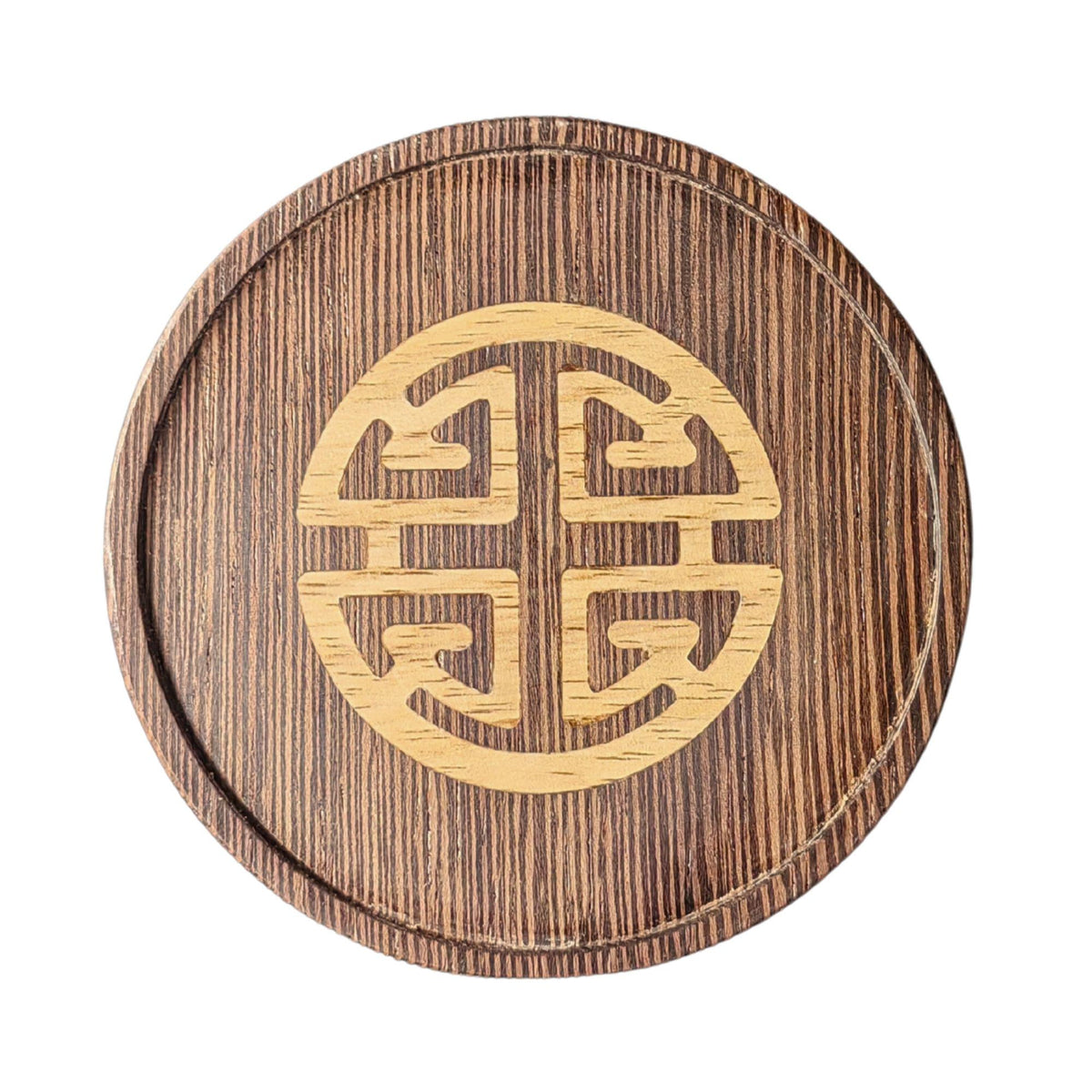 Wenge Wood Inlay Coaster with a "Symbol of Abundance" theme.