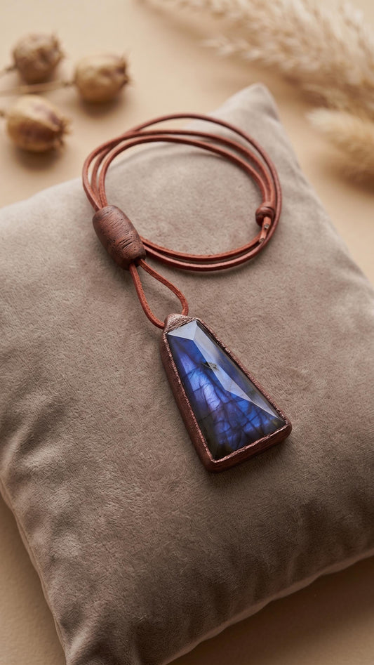 Labradorite Linden Flower Wood Pendant Necklace, Double-Sided Botanical Resin
