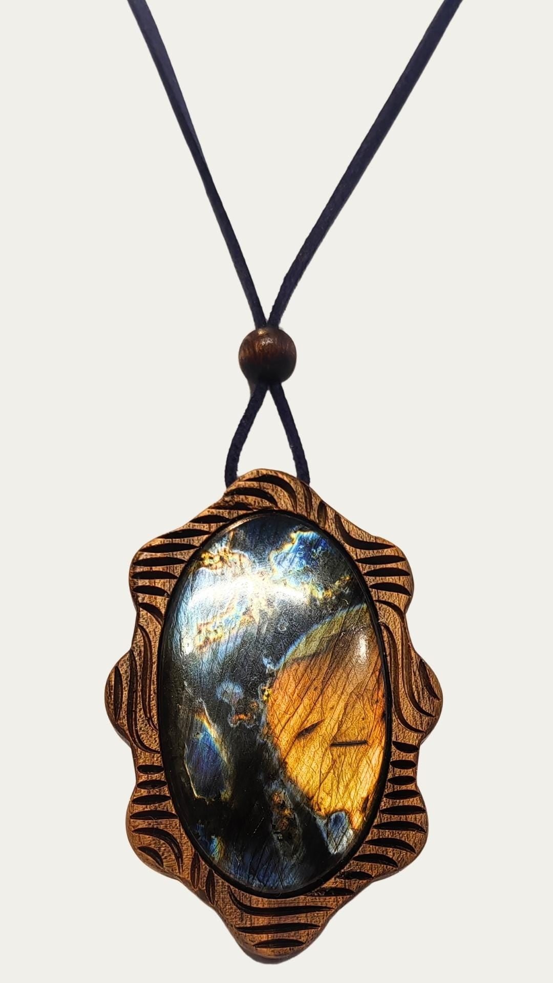 Large Labradorite Pendant Necklace, Carved American Walnut Wood, Wave Effect, Suede Cord