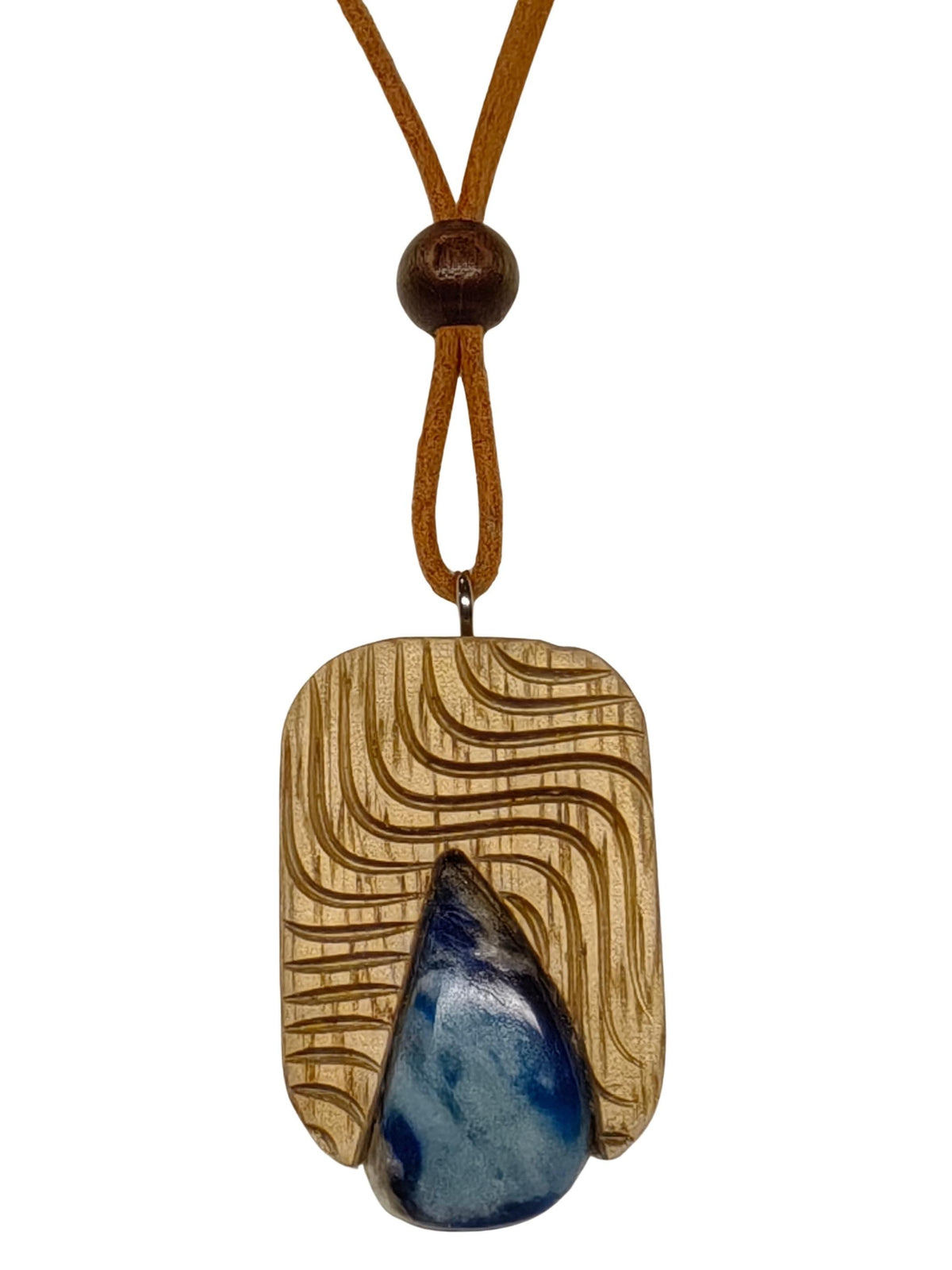 Blue Agate Oak Wood Pendant, Spiritual Boho Necklace