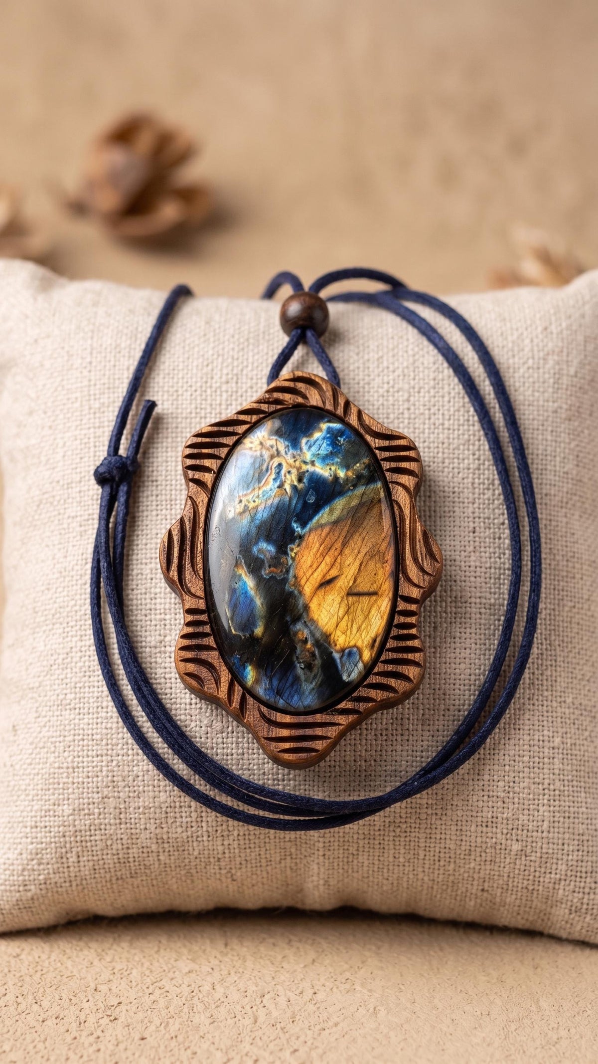 Large Labradorite Pendant Necklace, Carved American Walnut Wood, Wave Effect, Suede Cord