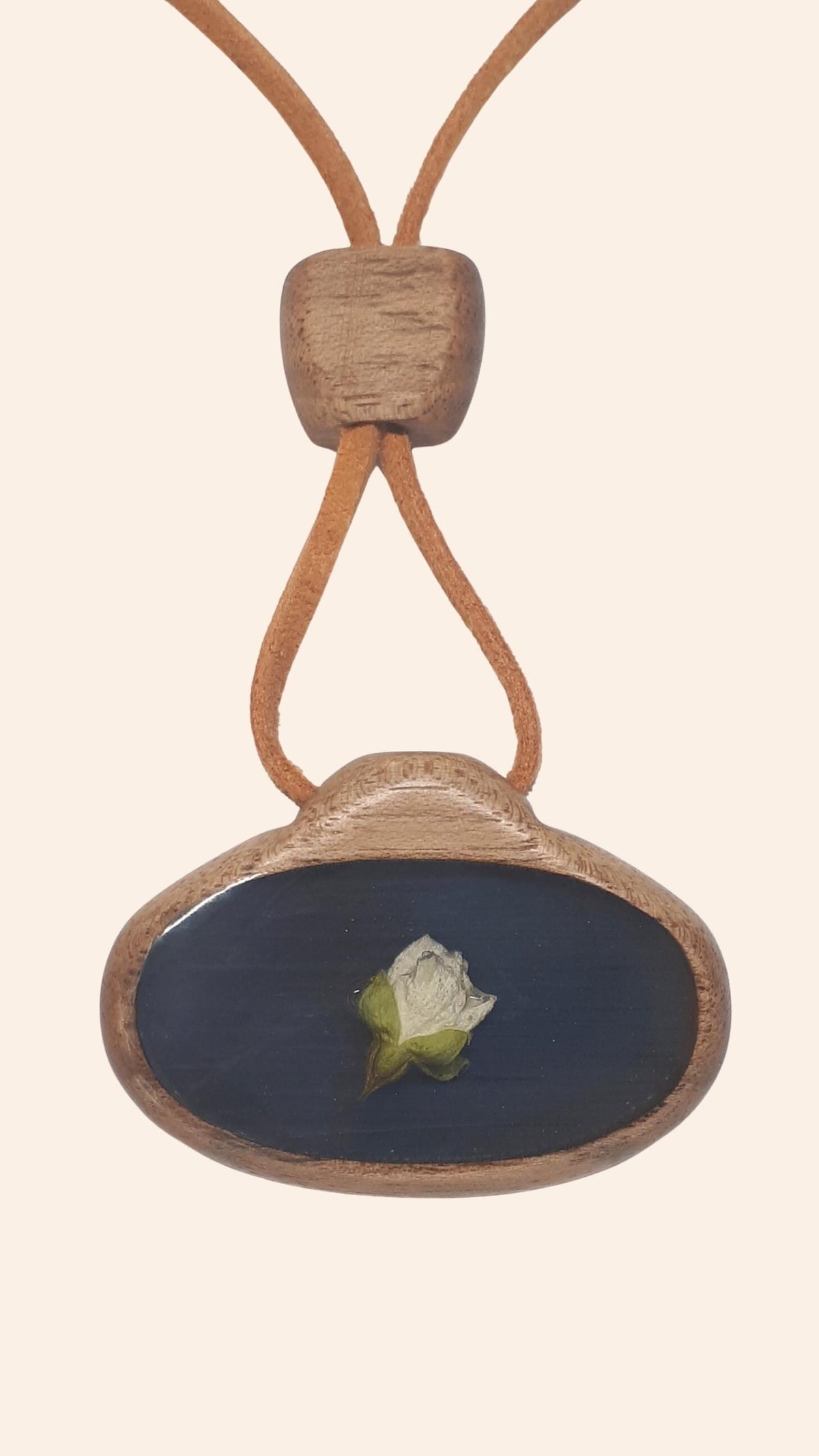 Reversible Artisan Pendant: Chatoyant Blue Labradorite & Dried Flower, Carved Walnut Frame