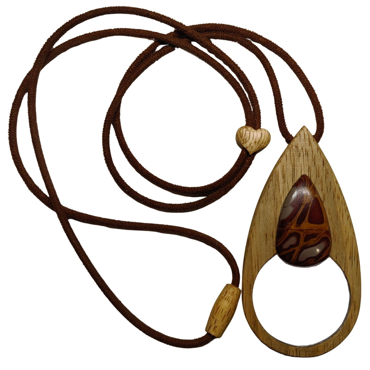 An elegant magnifying glass necklace where beech wood and Noreena Jasper come together.