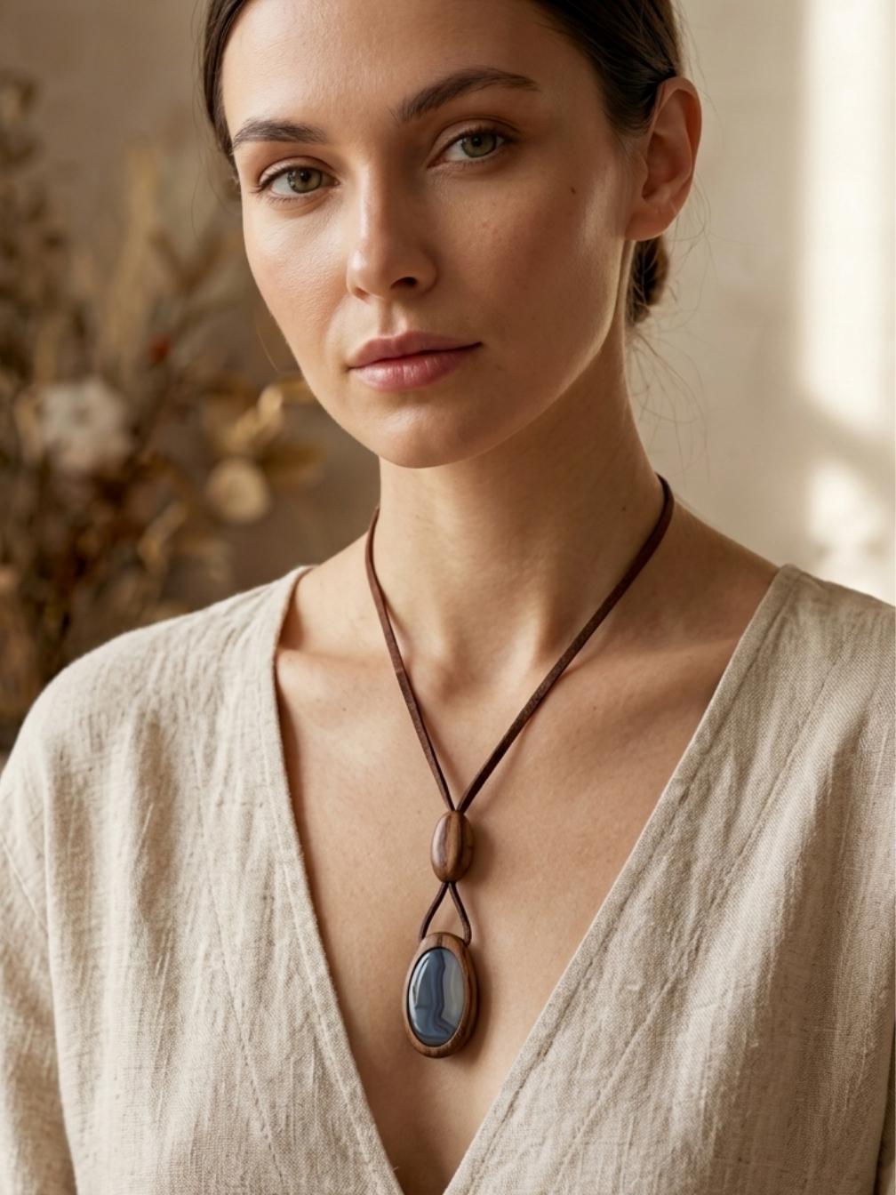 Double-Sided Wooden Pendant Necklace, Agate Stone, Seashell Epoxy, Bohemian Jewelry