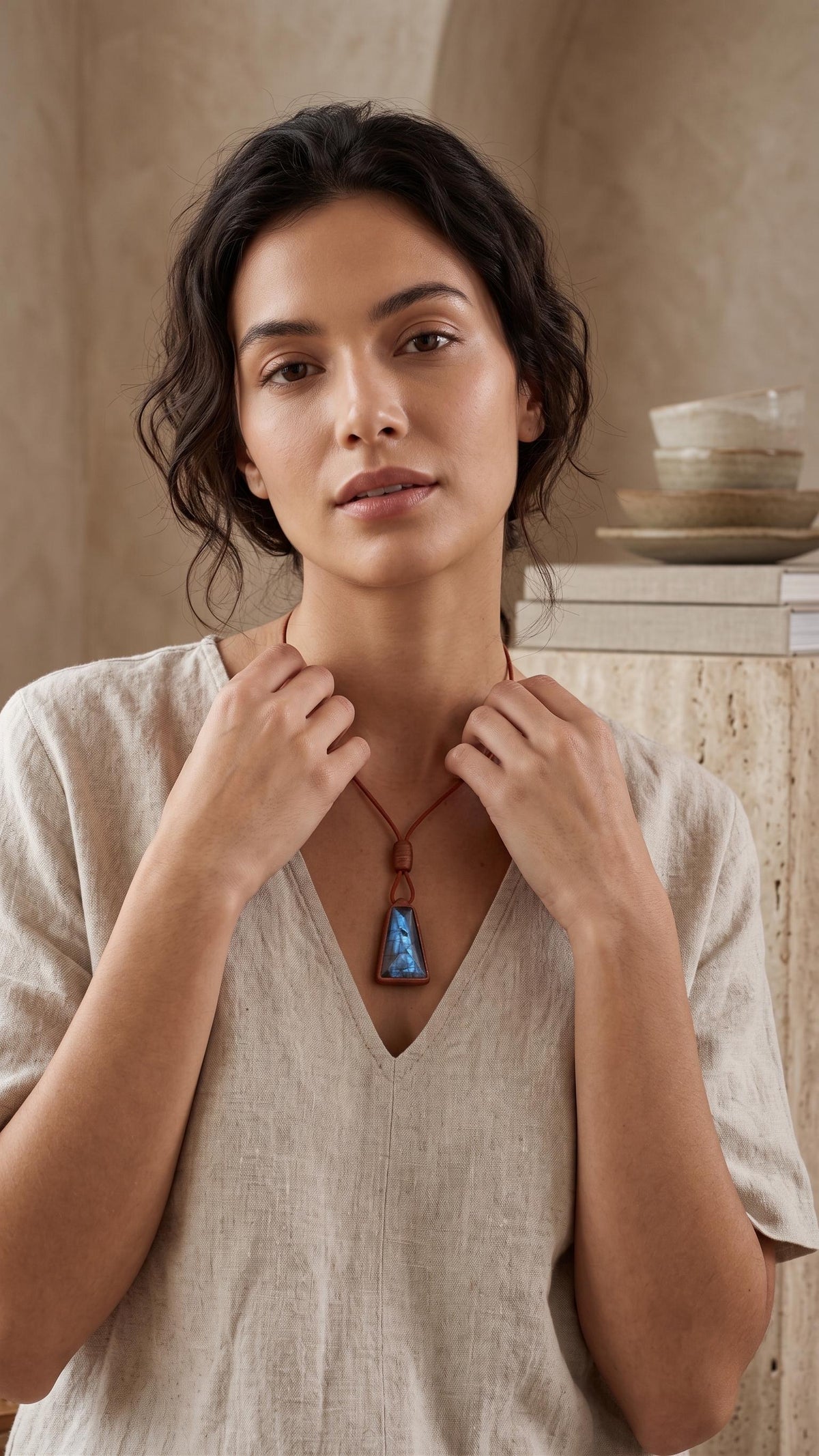 Labradorite Linden Flower Wood Pendant Necklace, Double-Sided Botanical Resin
